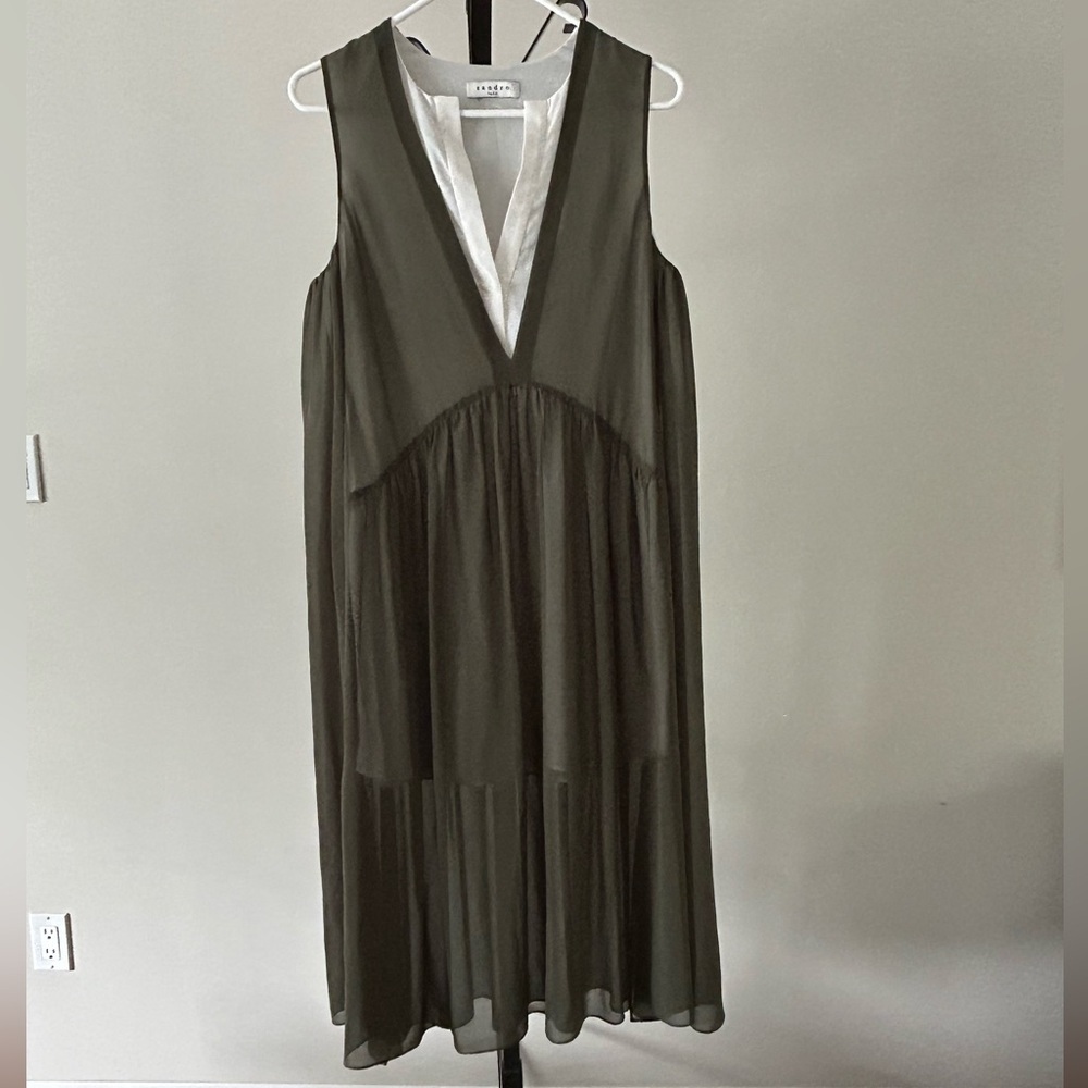 Sandro Elegant Olive Green Sleeveless Dress, Size 1, US Small.